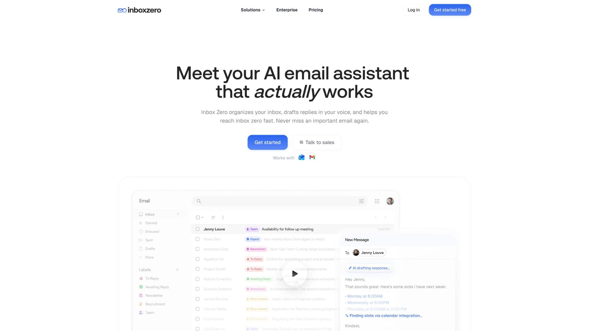 Inbox Zero homepage showcasing AI-powered email management features and open-source architecture