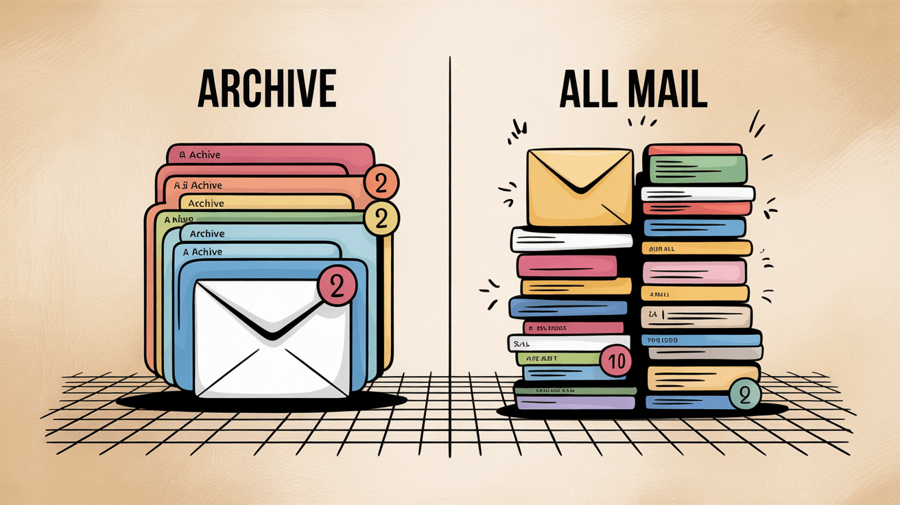 Side-by-side comparison of Archive action versus All Mail view showing the key difference